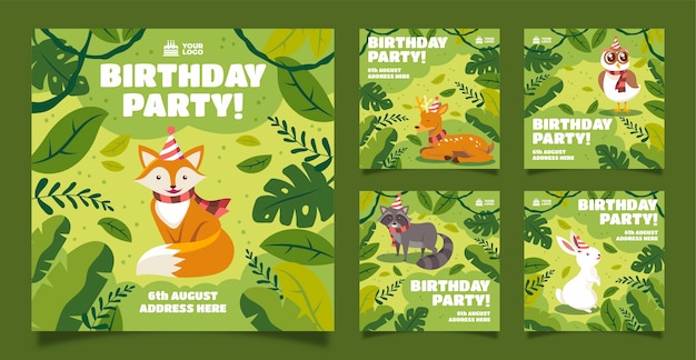 Vector gratuito colección de publicaciones de instagram de fiesta de cumpleaños de jungla plana