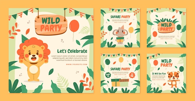 Colección de publicaciones de instagram de fiesta safari con animales salvajes