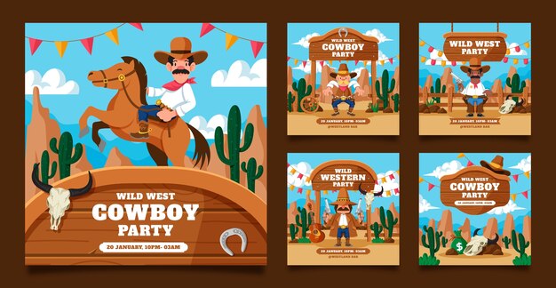 Colección de publicaciones de instagram de fiesta vaquera plana