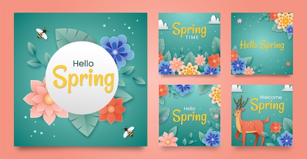 Vector gratuito colección de publicaciones de instagram florales de primavera plana