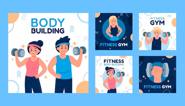 Vector gratuito colección de publicaciones de instagram de gimnasio plano