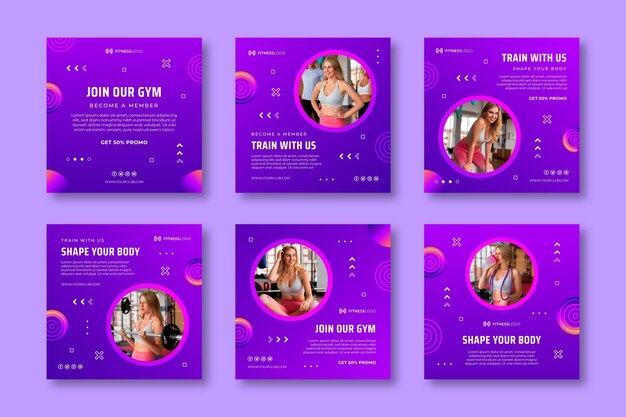 Colección de publicaciones de instagram gradiente para entrenamiento de gimnasio