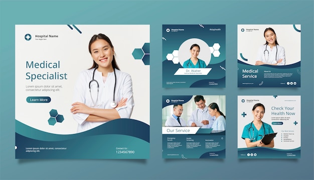 Vector gratuito colección de publicaciones de instagram de gradiente de hospital y atención médica