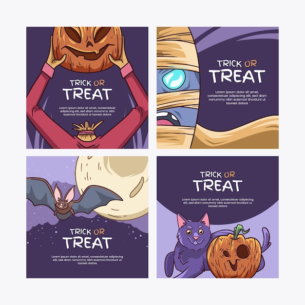 Vector gratuito colección de publicaciones de instagram de halloween dibujadas a mano