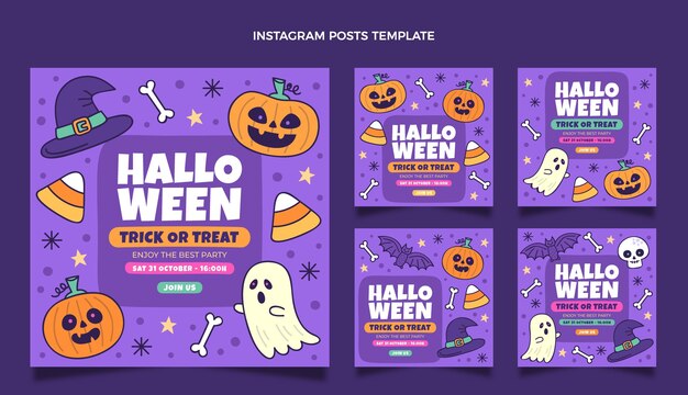 Colección de publicaciones de instagram de halloween dibujadas a mano