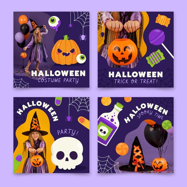 Vector gratuito colección de publicaciones de instagram de halloween planas dibujadas a mano con foto