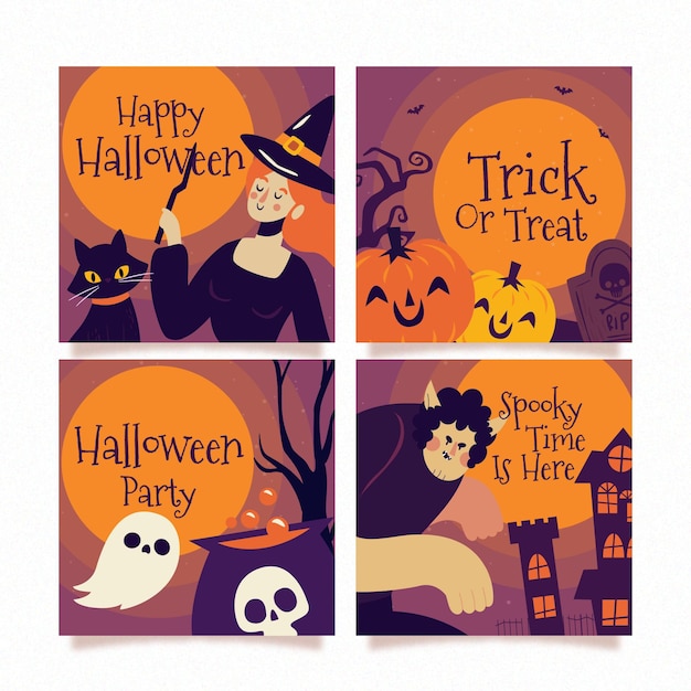 Vector gratuito colección de publicaciones de instagram de halloween planas dibujadas a mano