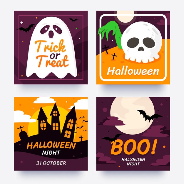 Colección de publicaciones de instagram de halloween planas dibujadas a mano