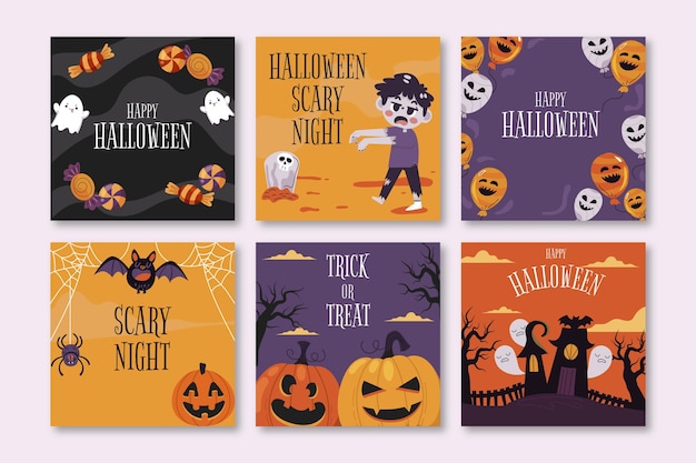 Vector gratuito colección de publicaciones de instagram de halloween planas dibujadas a mano