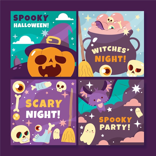 Colección de publicaciones de instagram de halloween planas dibujadas a mano