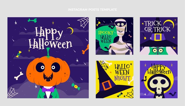 Colección de publicaciones de instagram de halloween planas dibujadas a mano