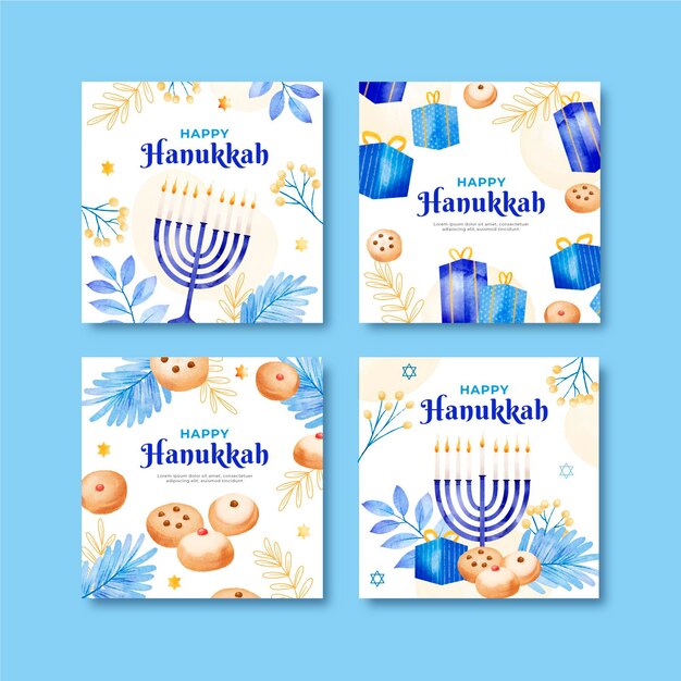 Colección de publicaciones de instagram de hanukkah en acuarela