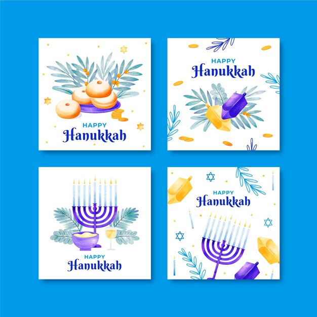 Colección de publicaciones de instagram de hanukkah en acuarela
