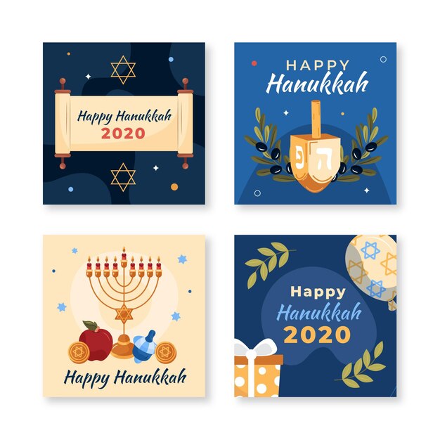 Colección de publicaciones de instagram de hanukkah planas dibujadas a mano