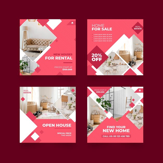 Colección de publicaciones de instagram inmobiliarias planas