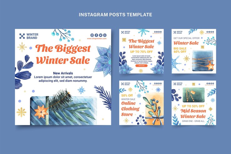 Vector gratuito colección de publicaciones de instagram de invierno en acuarela