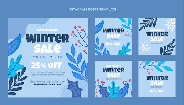 Vector gratuito colección de publicaciones de instagram de invierno planas dibujadas a mano