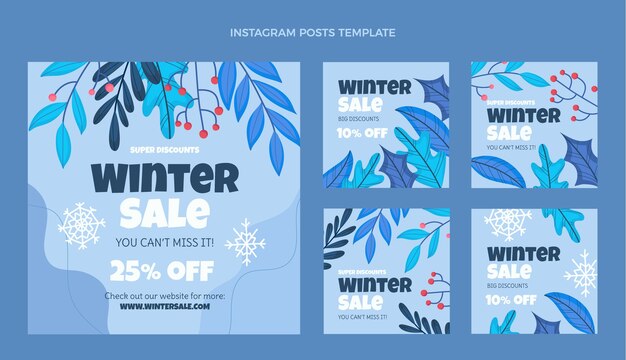 Colección de publicaciones de instagram de invierno planas dibujadas a mano