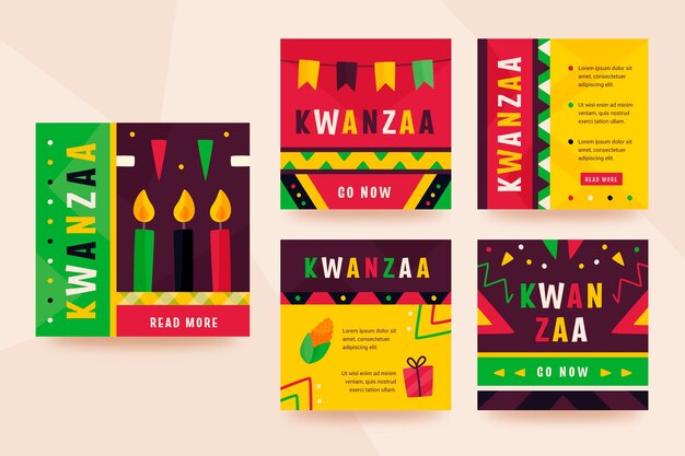 Colección de publicaciones de instagram de kwanzaa planas dibujadas a mano
