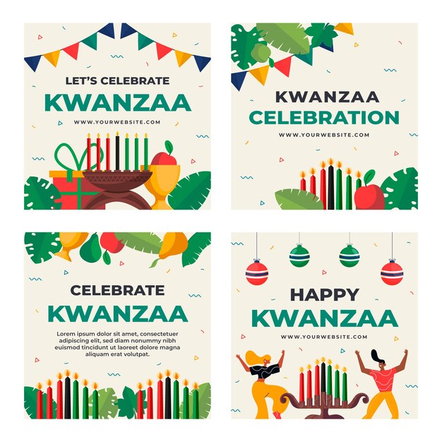 Colección de publicaciones de instagram de kwanzaa planas dibujadas a mano