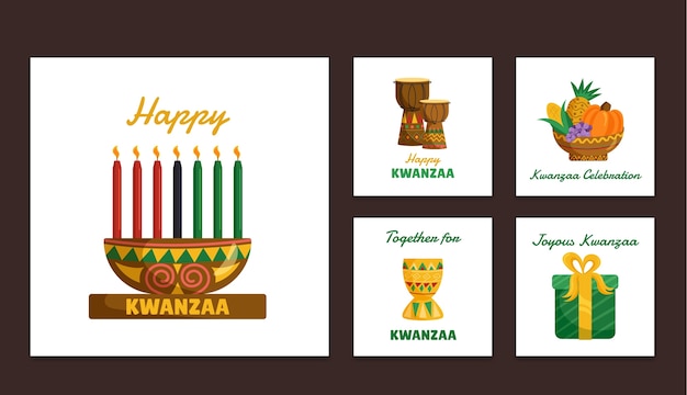 Colección de publicaciones de instagram de kwanzaa planas dibujadas a mano