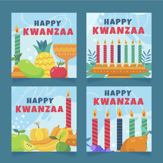 Colección de publicaciones de instagram de kwanzaa planas dibujadas a mano