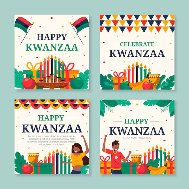 Vector gratuito colección de publicaciones de instagram de kwanzaa planas dibujadas a mano