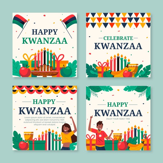 Colección de publicaciones de instagram de kwanzaa planas dibujadas a mano