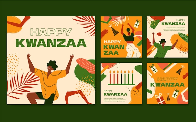 Colección de publicaciones de instagram de kwanzaa planas dibujadas a mano