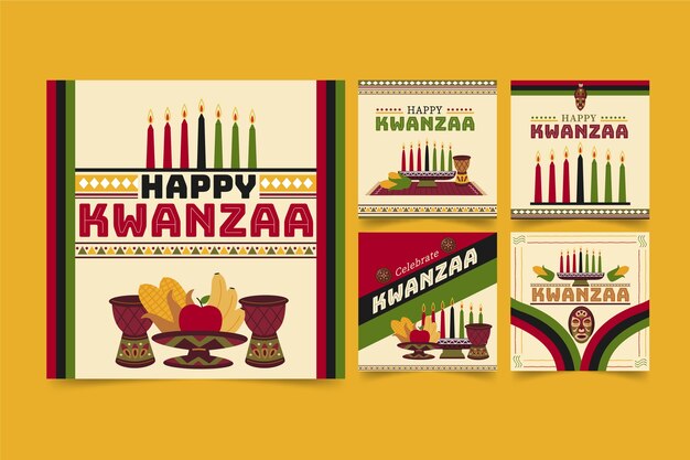 Colección de publicaciones de instagram de kwanzaa planas dibujadas a mano