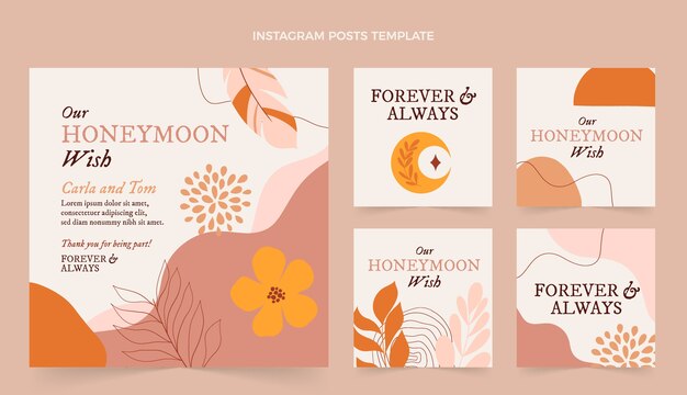 Colección de publicaciones de instagram de luna de miel boho dibujadas a mano