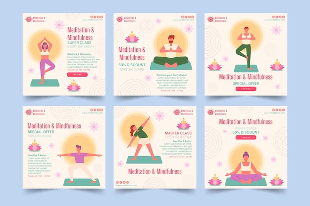 Colección de publicaciones de instagram de meditación y atención plena