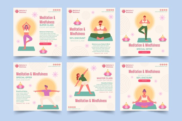 Colección de publicaciones de instagram de meditación y atención plena