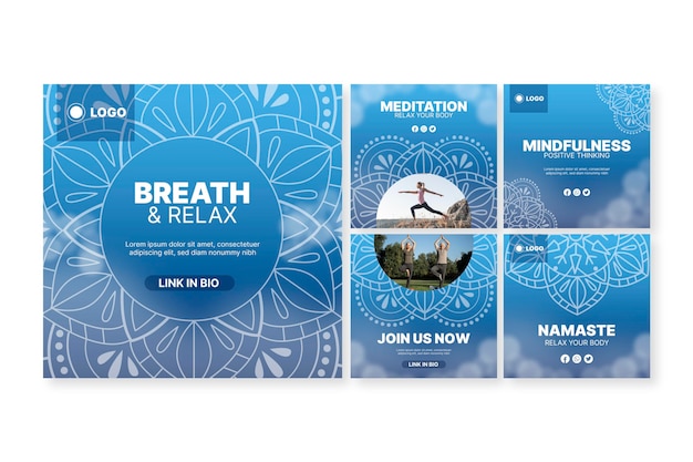 Vector gratuito colección de publicaciones de instagram de meditación de yoga
