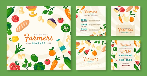 Colección de publicaciones de instagram de mercado de agricultores de diseño plano dibujado a mano