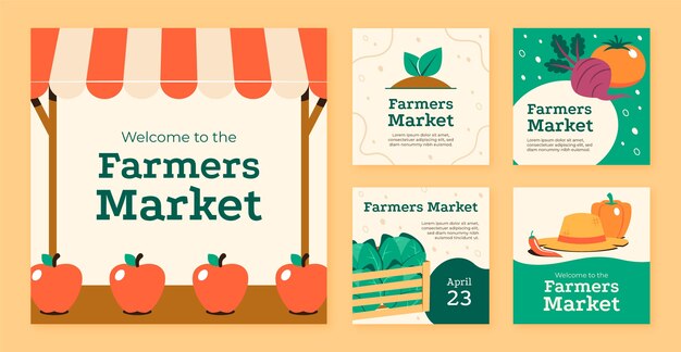 Colección de publicaciones de instagram de mercado de agricultores de diseño plano dibujado a mano