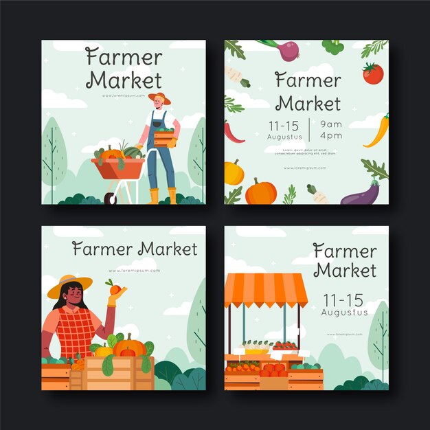 Colección de publicaciones de instagram de mercado de agricultores de diseño plano dibujado a mano