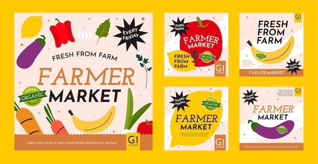 Colección de publicaciones de instagram de mercado de agricultores de diseño plano dibujado a mano