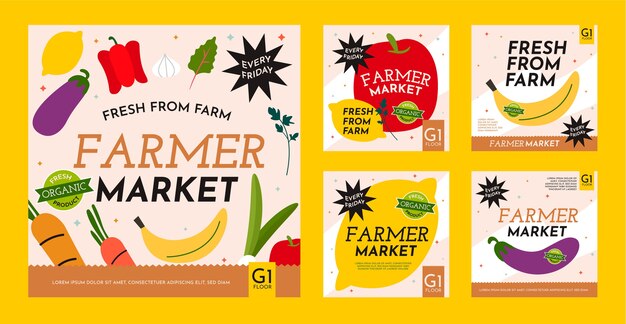Colección de publicaciones de instagram de mercado de agricultores de diseño plano dibujado a mano