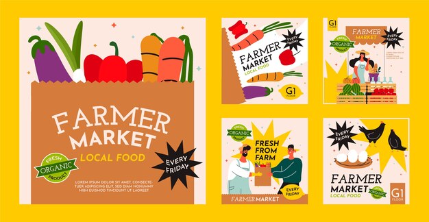 Colección de publicaciones de instagram de mercado de agricultores de diseño plano dibujado a mano