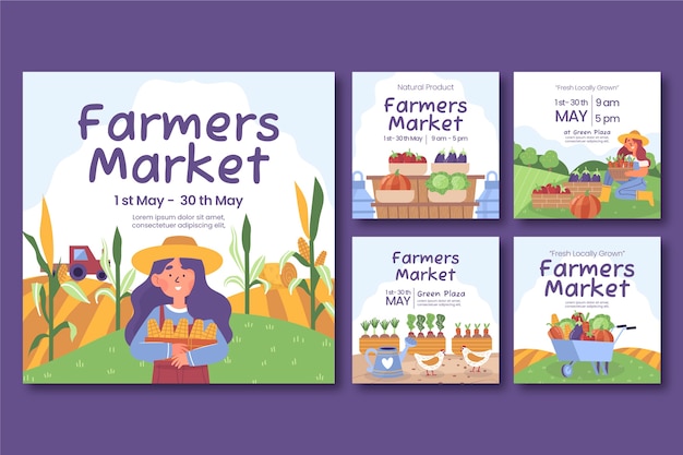 Colección de publicaciones de instagram de mercado de agricultores de diseño plano dibujado a mano