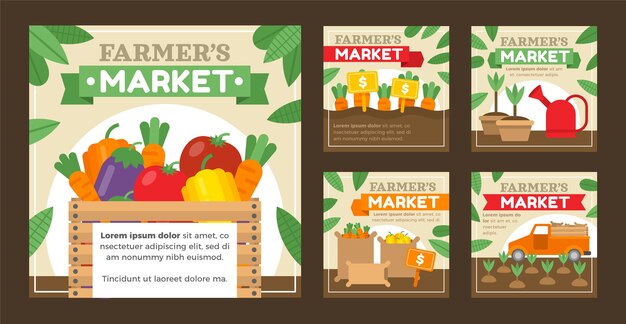 Colección de publicaciones de instagram de mercado de agricultores de diseño plano dibujado a mano