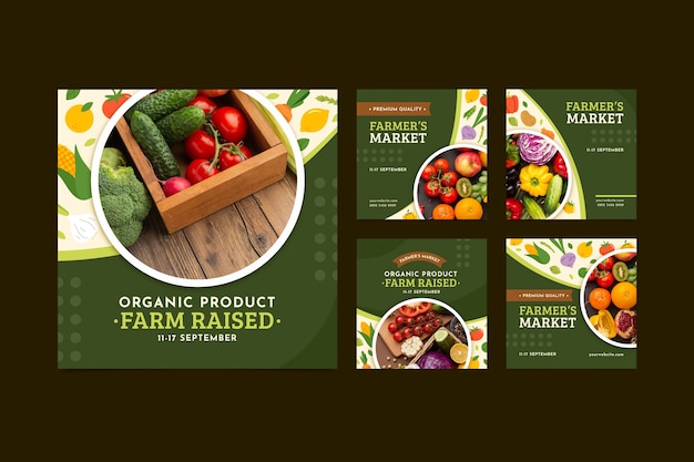 Vector gratuito colección de publicaciones de instagram de mercado de agricultores de diseño plano dibujado a mano