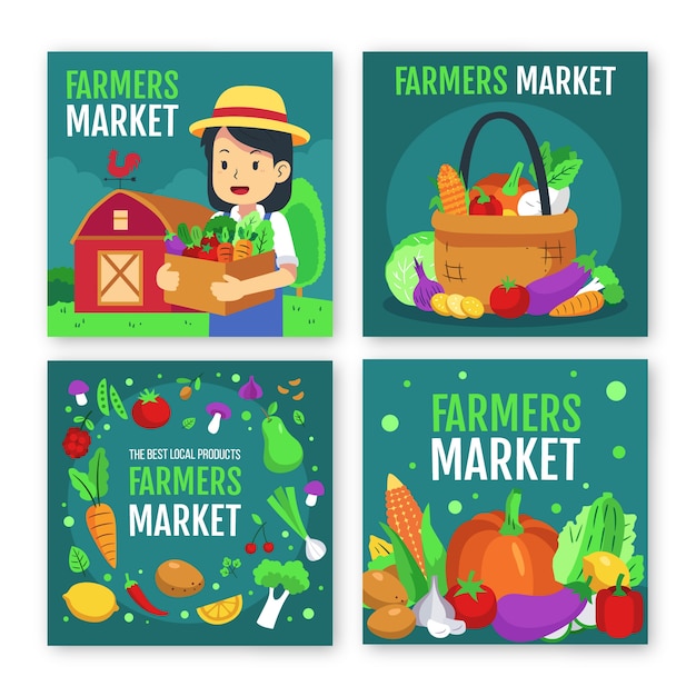 Vector gratuito colección de publicaciones de instagram de mercado de agricultores de diseño plano dibujado a mano