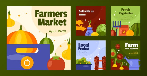 Vector gratuito colección de publicaciones de instagram de mercado de agricultores de diseño plano dibujado a mano