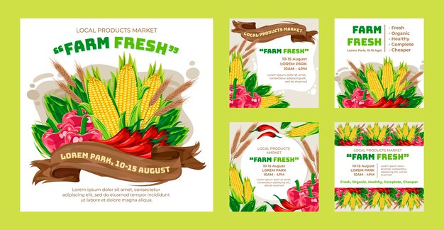 Colección de publicaciones de instagram de mercado de agricultores de diseño plano dibujado a mano