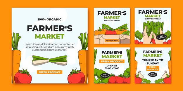 Colección de publicaciones de instagram de mercado de agricultores de diseño plano dibujado a mano