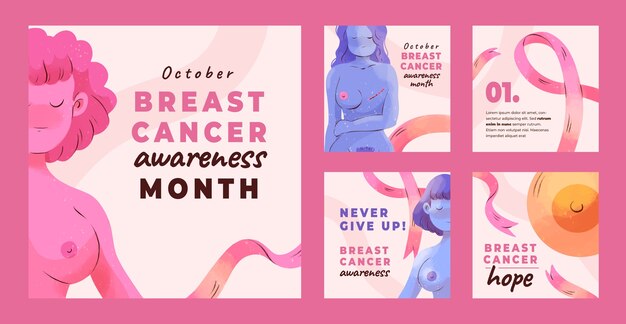 Colección de publicaciones de instagram del mes de concientización sobre el cáncer de mama en acuarela