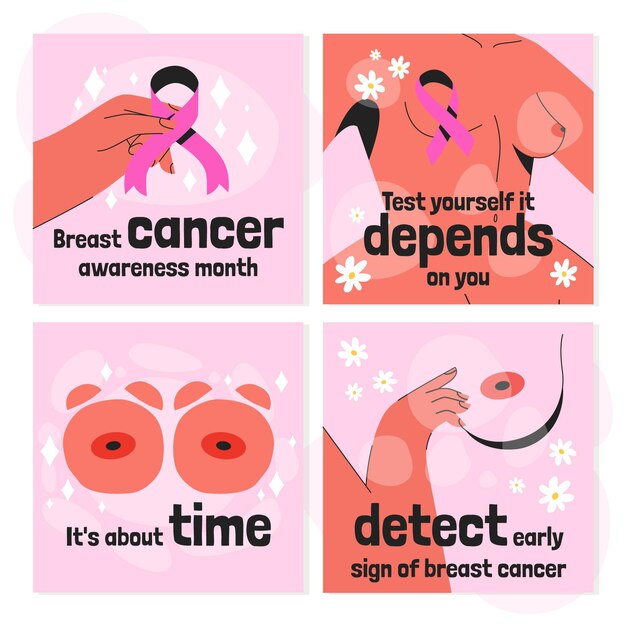 Colección de publicaciones de instagram del mes de concientización sobre el cáncer de mama dibujados a mano