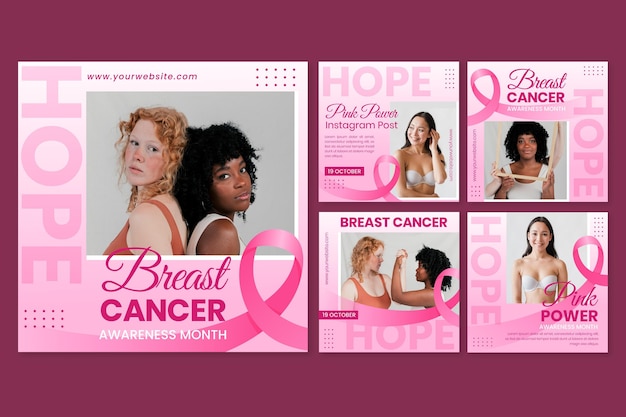 Vector gratuito colección de publicaciones de instagram del mes de concientización sobre el cáncer de mama gradiente